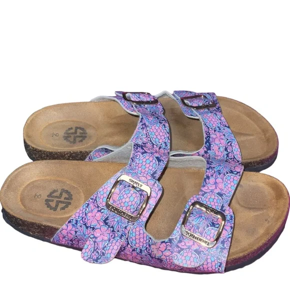 Simply Southern Floral Buckle Slip on Flip Flop Sandals Size 9 Pink/Blue - Picture 8 of 14